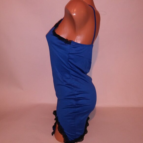 Lingerie Chemise Slip Blue Black Lace Trim Sleeveless Night Gown Sleepwear - Picture 7 of 8